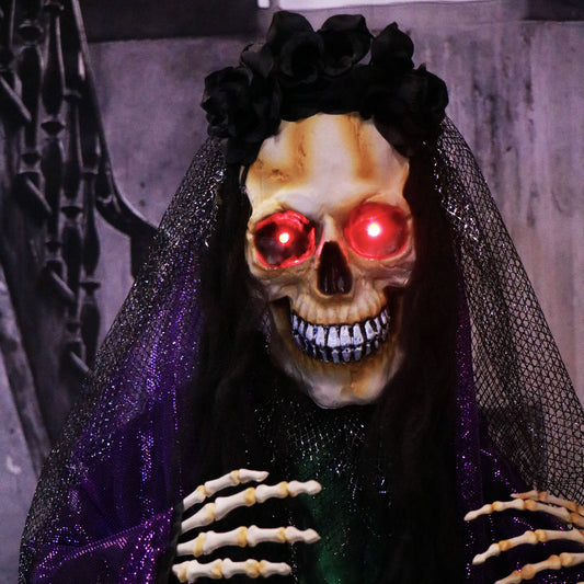 Haunted Hill Farm - 5-Ft. Martina the Voodoo Skeleton Bride, Indoor or Covered Outdoor Halloween Decoration, Red LED Eyes