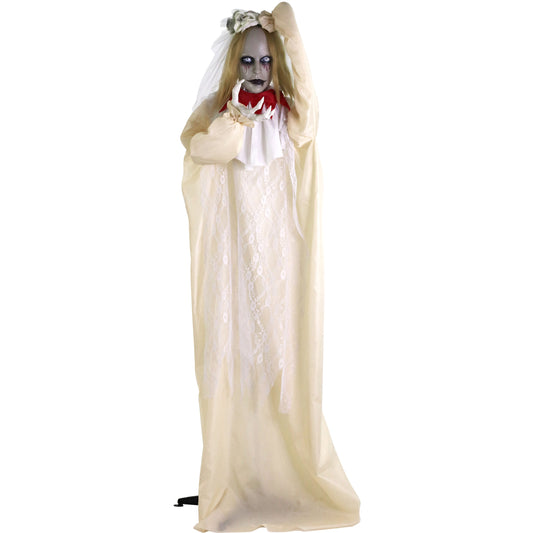 Haunted Hill Farm - Animatronic Zombie Bride with Pop-Up Head and Light-Up Eyes for Scary Halloween Decoration