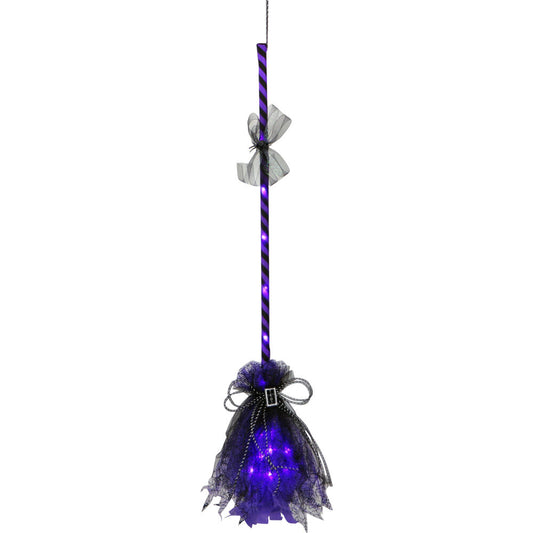 Haunted Hill Farm - 3-Ft. Witch's Broomstick with Purple Lights, Indoor/Covered Outdoor Halloween Decorations
