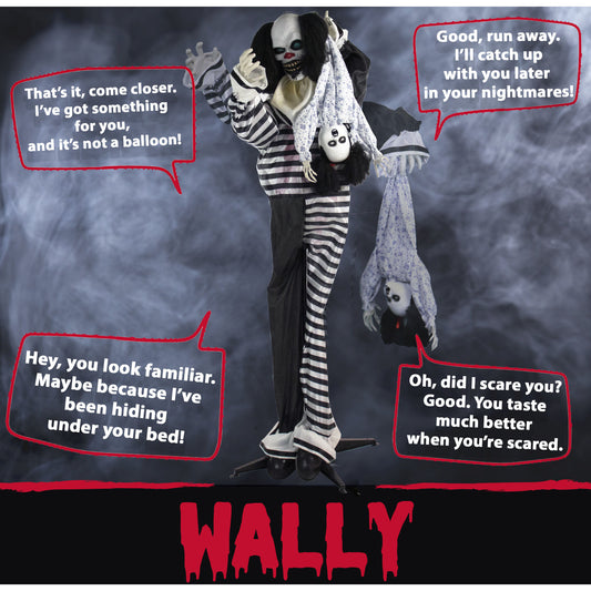 Haunted Hill Farm - 64-In. Wally the Animatronic Talking Clown with Doll, Indoor or Covered Outdoor Halloween Decoration