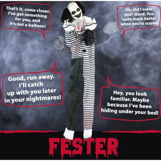 Haunted Hill Farm - 6-Ft. Fester the Talking Animatronic Clown, Indoor or Covered Outdoor Halloween Decoration, Red LED Eyes