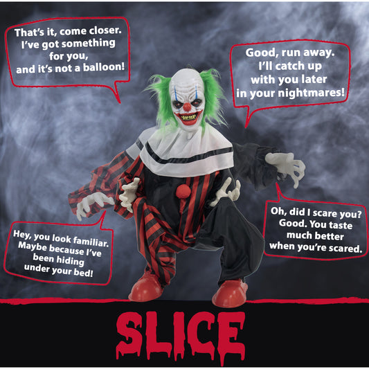 Haunted Hill Farm - 32-In. Slice the Animatronic Talking Clown, Indoor or Covered Outdoor Halloween Decoration, Red LED Eyes