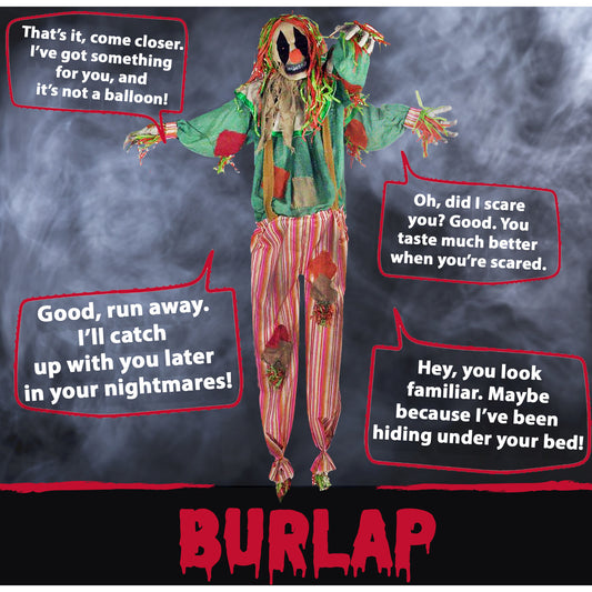 Haunted Hill Farm - 65-In. Burlap the Animatronic Scarecrow Clown, Indoor or Covered Outdoor Halloween Decoration, Red LED Eyes