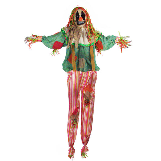 Haunted Hill Farm - 65-In. Burlap the Animatronic Scarecrow Clown, Indoor or Covered Outdoor Halloween Decoration, Red LED Eyes