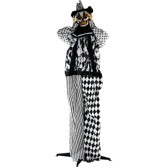 Haunted Hill Farm - 5.75-Ft. Tucker the Talking Animatronic Clown, Indoor or Covered Outdoor Halloween Decoration, Red LED Eyes