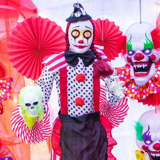 Haunted Hill Farm - 5.4-Ft. Buffy the Standing Clown, Indoor or Covered Outdoor Halloween Decoration, Red LED Eyes, Poseable