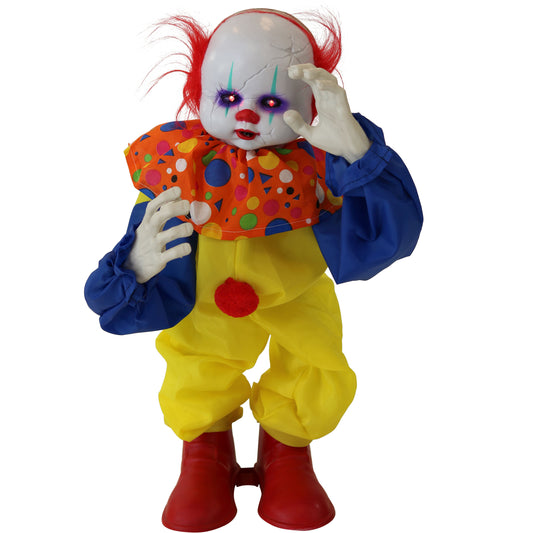 Haunted Hill Farm - 2-Ft. Bobo the Talking Animatronic Clown, Indoor or Covered Outdoor Halloween Decoration, Red LED Eyes
