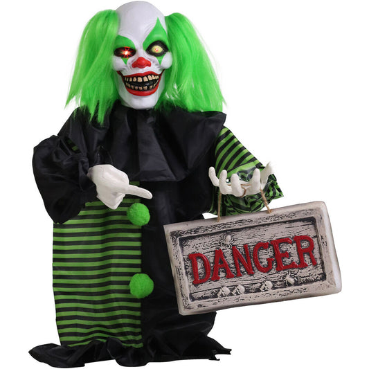Haunted Hill Farm - Talking, Shaking, Mini Animatronic Clown with Light-Up Eyes and Danger Sign for Scary Halloween Decoration
