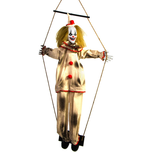 Haunted Hill Farm - 55-In. Smalls the Animatronic Swinging Clown, Indoor or Covered Outdoor Halloween Decoration, Red LED Eyes