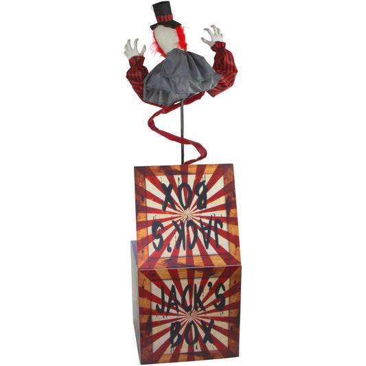 Haunted Hill Farm - 69-In. Jack the Animatronic Clown in a Box, Indoor or Covered Outdoor Halloween Decoration, Red LED Eyes