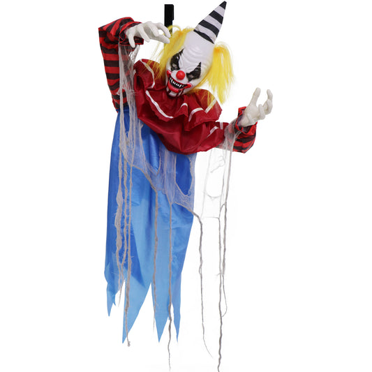 Haunted Hill Farm - Animatronic Twisting, Talking Clown Greeter with Folding Door Hook for Scary Halloween Decoration