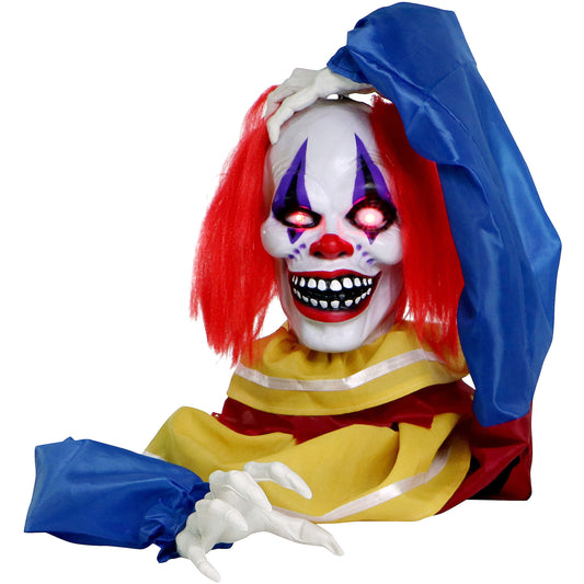 Haunted Hill Farm - Animatronic Pop-Up Talking Clown Head with Light-Up Eyes for Scary Halloween Tabletop Decoration