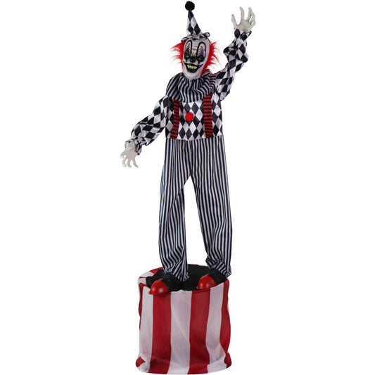 Haunted Hill Farm - Animatronic Talking Clown on a Stage with Movement and Light-Up Eyes for Scary Halloween Decoration