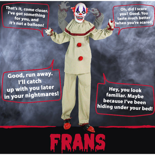 Haunted Hill Farm - 5-Ft. Frans the Talking Animatronic Clown, Indoor or Covered Outdoor Halloween Decoration, Red LED Eyes