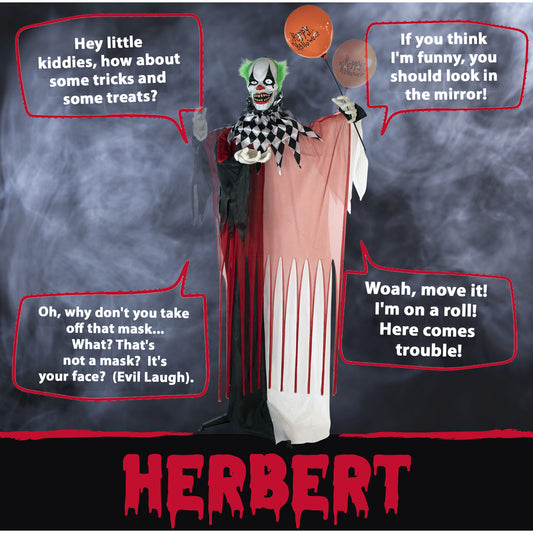 Haunted Hill Farm - 71-In. Herbert the Animatronic Talking Clown, Indoor or Covered Outdoor Halloween Decoration, Red LED Eyes