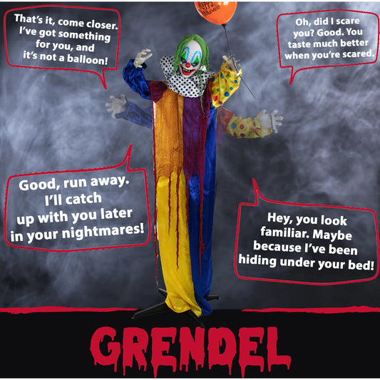 Haunted Hill Farm - 69-In. Grendel the Talking Animatronic Clown, Indoor or Covered Outdoor Halloween Decoration, Red LED Eyes