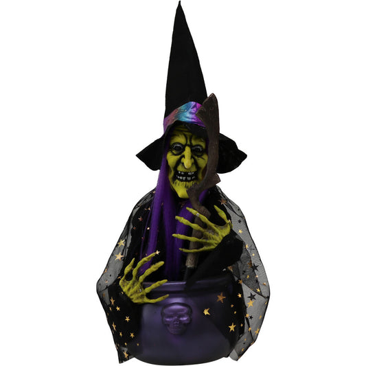 Haunted Hill Farm - 1.4-Ft. Cat the Animatronic Witch with Cauldron, Indoor or Covered Outdoor Halloween Decoration, LED Lights