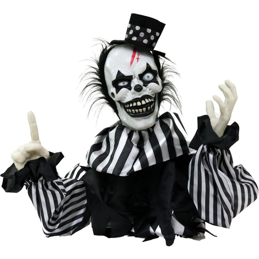 Haunted Hill Farm - 22-In. Vile the Animatronic Groundbreaker Clown, Indoor or Covered Outdoor Halloween Decoration, Talks