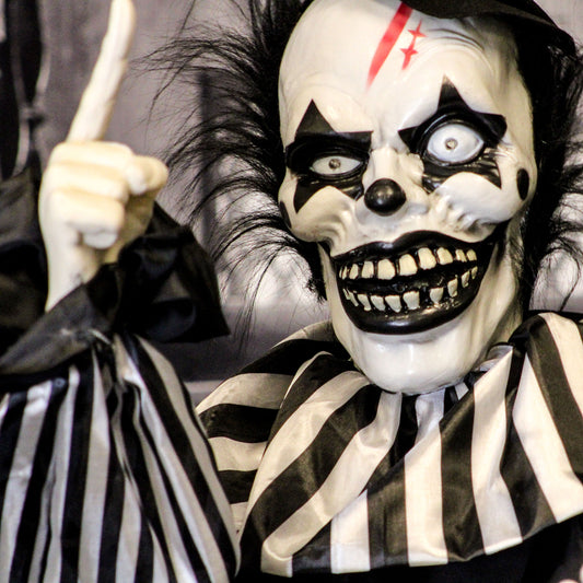 Haunted Hill Farm - 22-In. Vile the Animatronic Groundbreaker Clown, Indoor or Covered Outdoor Halloween Decoration, Talks