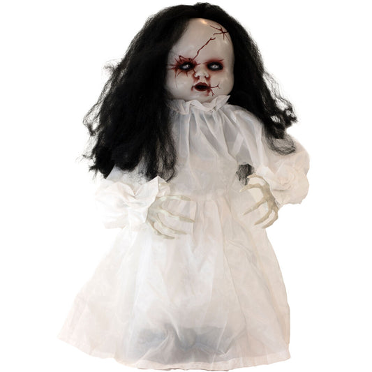 Haunted Hill Farm - 2-Ft. Lifeless the Haunted Jumping Doll, Indoor or Covered Outdoor Halloween Decoration, Red LED Eyes
