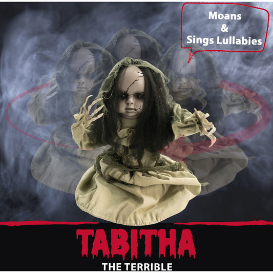 Haunted Hill Farm - 28-In. Tabitha the Terrible Toddler Animatronic Groundbreaker, Indoor/Covered Outdoor Halloween Decoration