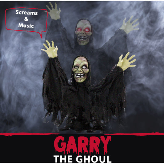 Haunted Hill Farm - 24-In. Garry the Animatronic Pop-Up Ghoul, Indoor or Covered Outdoor Halloween Decoration, Red LED Eyes