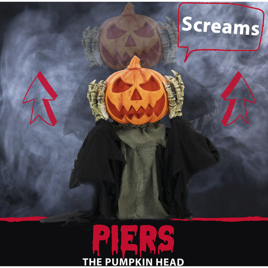 Haunted Hill Farm - 25-In. Piers the Pumpkin Head Animatronic Pop-Up, Indoor or Covered Outdoor Halloween Decoration