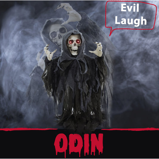 Haunted Hill Farm - 46-In. Odin the Animatronic Skeleton Reaper, Indoor or Covered Outdoor Halloween Decoration, Red LED Eyes