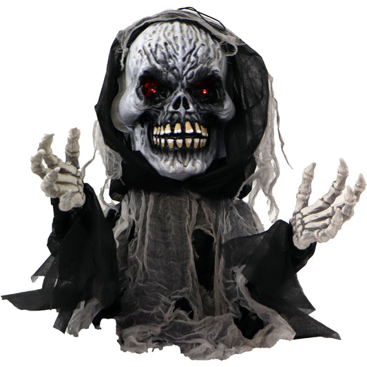 Haunted Hill Farm - 27-In. Cyprus the Animatronic Skeleton Reaper, Indoor or Covered Outdoor Halloween Decoration, Red LED Eyes
