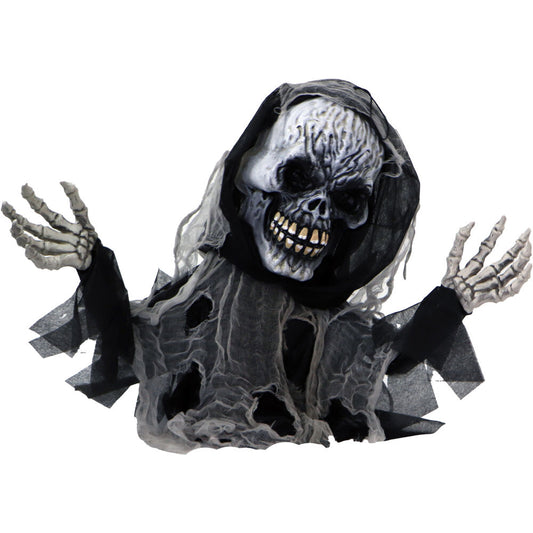 Haunted Hill Farm - 27-In. Cyprus the Animatronic Skeleton Reaper, Indoor or Covered Outdoor Halloween Decoration, Red LED Eyes