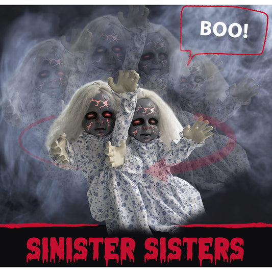 Haunted Hill Farm - 21-In. Sinister Sisters the Animatronic Zombie Twins, Indoor or Covered Outdoor Halloween Decoration