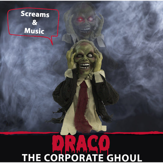 Haunted Hill Farm - 22-In. Draco the Animatronic Pop-Up Ghoul, Indoor or Covered Outdoor Halloween Decoration, Red LED Eyes