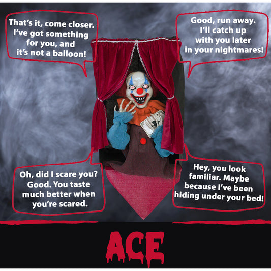 Haunted Hill Farm - Ace the Talking Clown, Hanging Halloween Decoration, Indoor or Covered Outdoor Display, Red LED Eyes