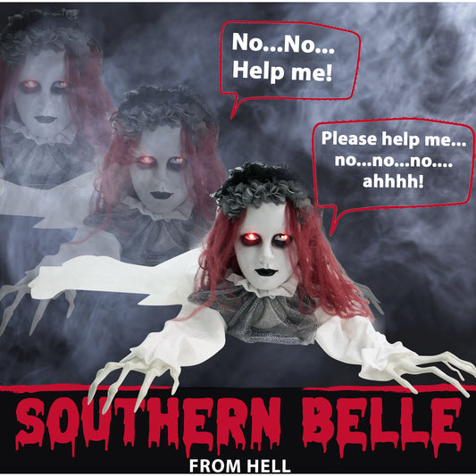 Haunted Hill Farm - 63-In. Long Animatronic Crawling Bride, Indoor/Outdoor Halloween Decoration, Flashing Red Eyes, Belle