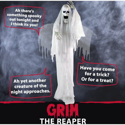Haunted Hill Farm - Life Size Animatronic Ghost Reaper, Indoor/Outdoor Halloween Decoration, Flashing White Eyes, Poseable