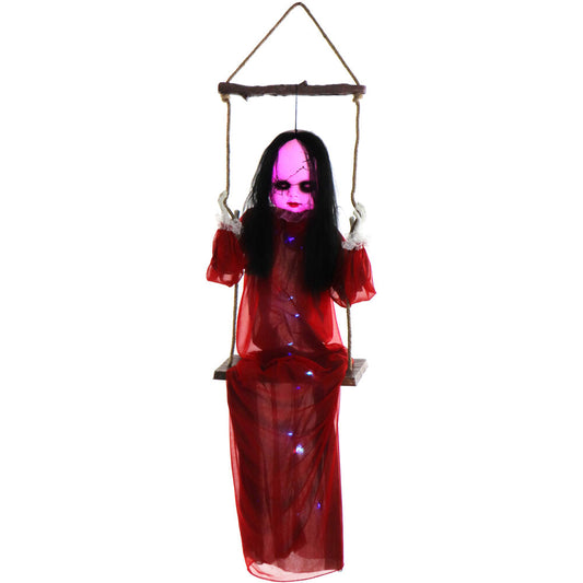Haunted Hill Farm - Giggling Zombie Girl on a Swing with Colorful Light-Up Body and Eyes for Scary Hanging Halloween Decoration