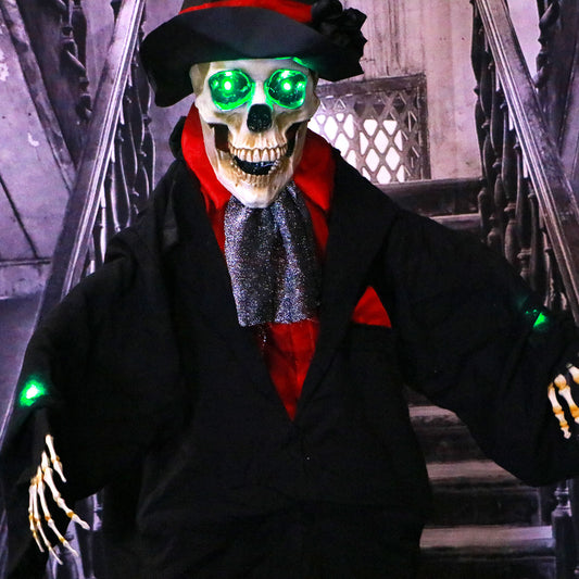 Haunted Hill Farm - 5-Ft. Johnny the Voodoo Skeleton Groom, Indoor or Covered Outdoor Halloween Decoration, Green LED Eyes