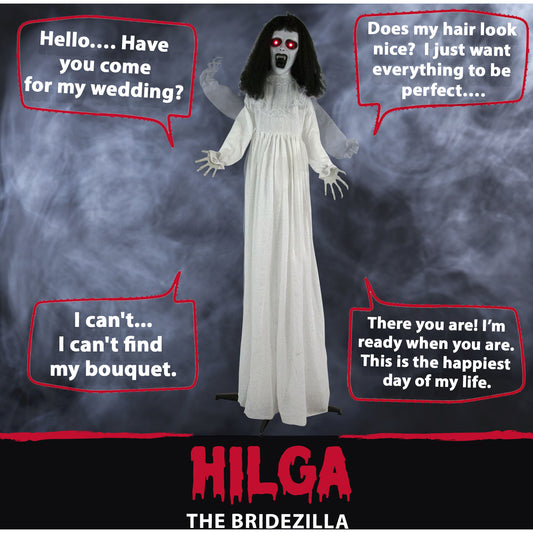 Haunted Hill Farm - Life-Size Animatronic Bride, Indoor/Outdoor Halloween Decoration, Flashing Red Eyes, Poseable