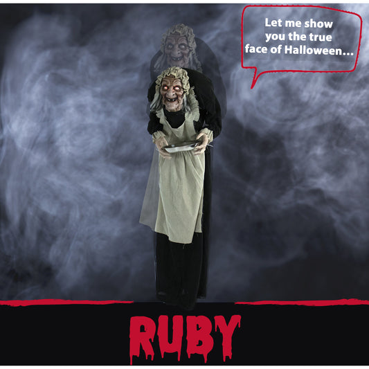 Haunted Hill Farm - Life-Size Animatronic Zombie Maid, Indoor/Outdoor Halloween Decoration, Flashing Red Eyes, Moving