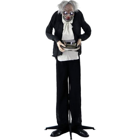 Haunted Hill Farm - 5-Ft. Edwin the Animatronic Zombie Butler Holding a Tray, Indoor or Covered Outdoor Halloween Decoration