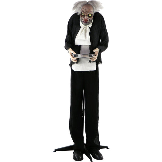 Haunted Hill Farm - 5-Ft. Edwin the Animatronic Zombie Butler Holding a Tray, Indoor or Covered Outdoor Halloween Decoration
