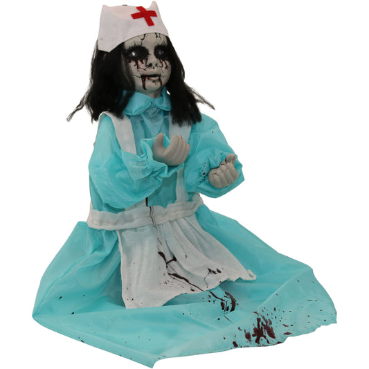Haunted Hill Farm - 1.8-ft. Animatronic Nurse, Indoor/Outdoor Halloween Decoration, Red LED Eyes, Poseable, Carrie