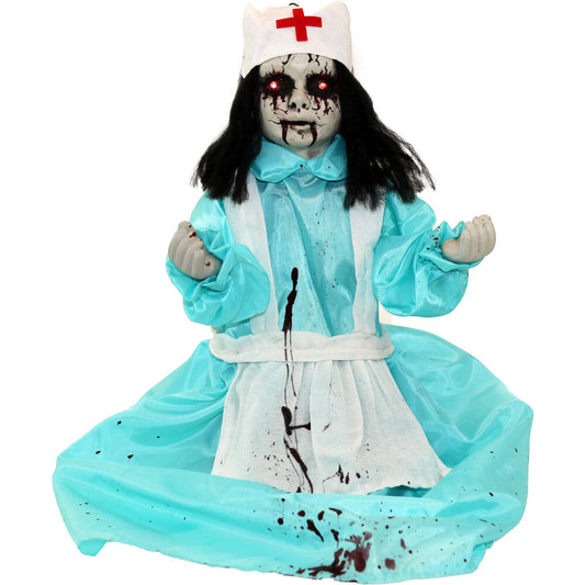 Haunted Hill Farm - 1.8-ft. Animatronic Nurse, Indoor/Outdoor Halloween Decoration, Red LED Eyes, Poseable, Carrie