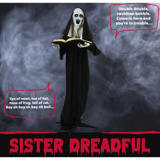 Haunted Hill Farm - Life-Size Animatronic Witch, Indoor/Outdoor Halloween Decoration, Flashing Green Eyes, Talking