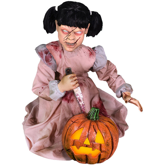 Haunted Hill Farm - Lunging Pumpkin Carver Zombie Girl with Jack O'Lantern by Tekky, Premium Talking Halloween Animatronic, Plug-In or Battery