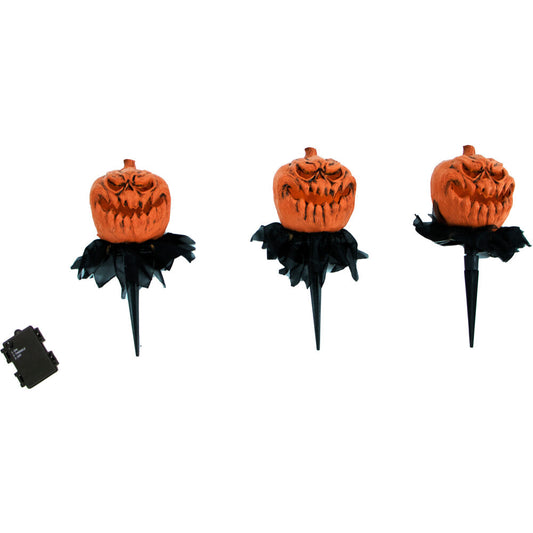 Haunted Hill Farm - 11-In. Tall Light-Up Pumpkin Head Stakes, Outdoor Halloween Lawn Decoration