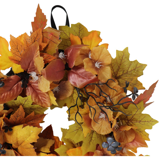 Haunted Hill Farm - Festive Harvest Wreath with Fall Leaves, Mini Pumpkins, and a Creepy Spider for Autumn and Halloween Hanging Decoration