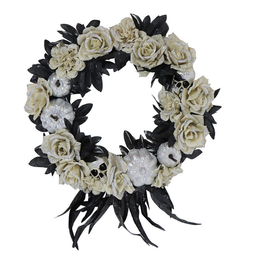 Haunted Hill Farm - 15-In. Halloween Black and Silver Floral Wreath with Glitter Pumpkins and Skulls for Haunted House Hanging Decoration