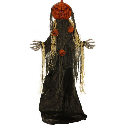 Haunted Hill Farm - 5.33-ft. Animatronic Pumpkin Man, Indoor/Outdoor Halloween Decor, Green LED Face, Poseable, Chad