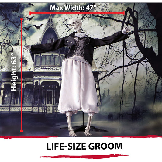 Haunted Hill Farm - 63-In. Bones the Talking Skeleton Groom, Indoor or Covered Outdoor Halloween Decoration, Light-Up Eyes